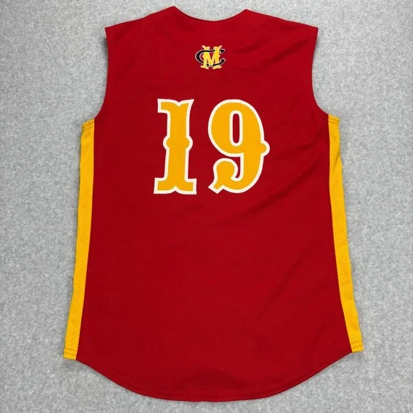 3N2 Mavericks Baseball Jersey Mens 36 Red Yellow Sleeveless Mesh Button Up Sport - Picture 2 of 6